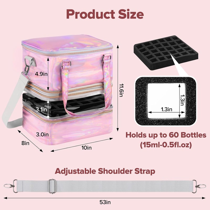 BELOVING Nail Polish Organizer Case, 3 Layers Removable Nail Polish Storage Bag Holds 60 Bottles and Nail Lamp with Shoulder Strap Portable Holographic PU Leather Nail Kit Storage for Manicure Tools (Pink) - Image 5